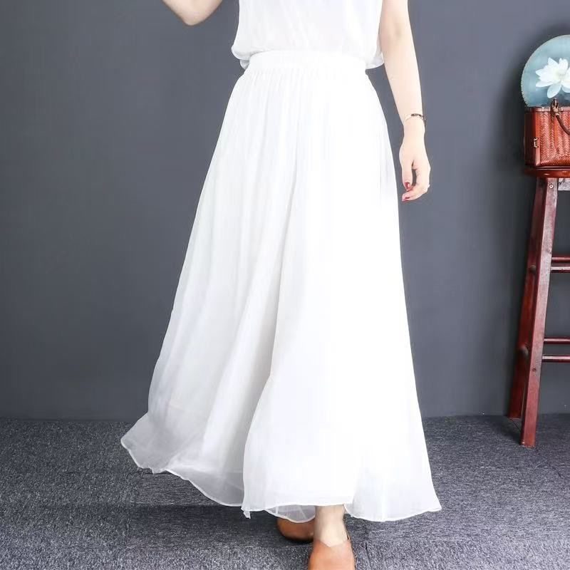 白色雪纺阔腿裤女垂感飘逸超大摆长款裤裙松紧腰休闲宽松九分裤薄