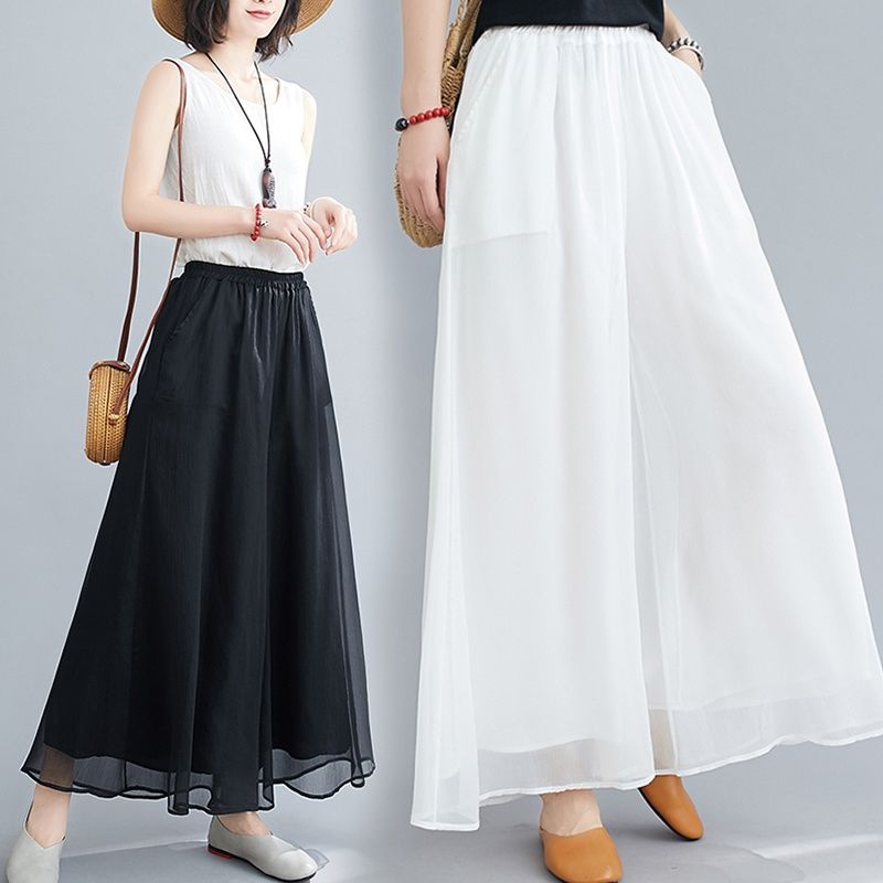 垂感薄款冰丝白色雪纺阔腿裤子女夏七九分宽松高腰直筒休闲裤女裤