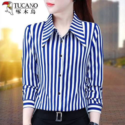 啄木鸟条纹衬衫女士长袖