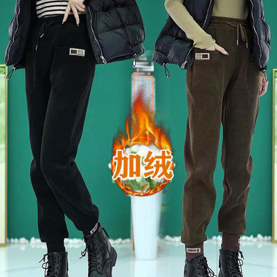 欧棉绒加绒加厚卫裤女显瘦高腰休闲裤宽松秋冬季裤子运动裤哈伦裤