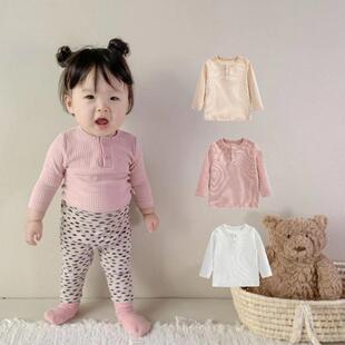 上衣百搭T恤童装 韩婴童打底衣春秋新款 男女宝宝弹力坑条棉质长袖