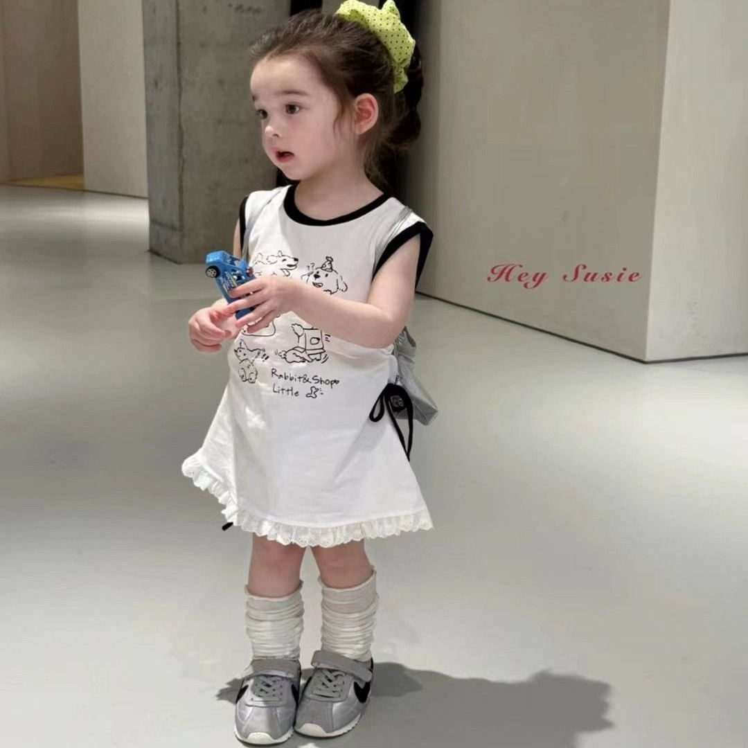 女童夏装新款无袖连衣裙2025女宝韩版卡通印花简约蕾丝拼接花边裙