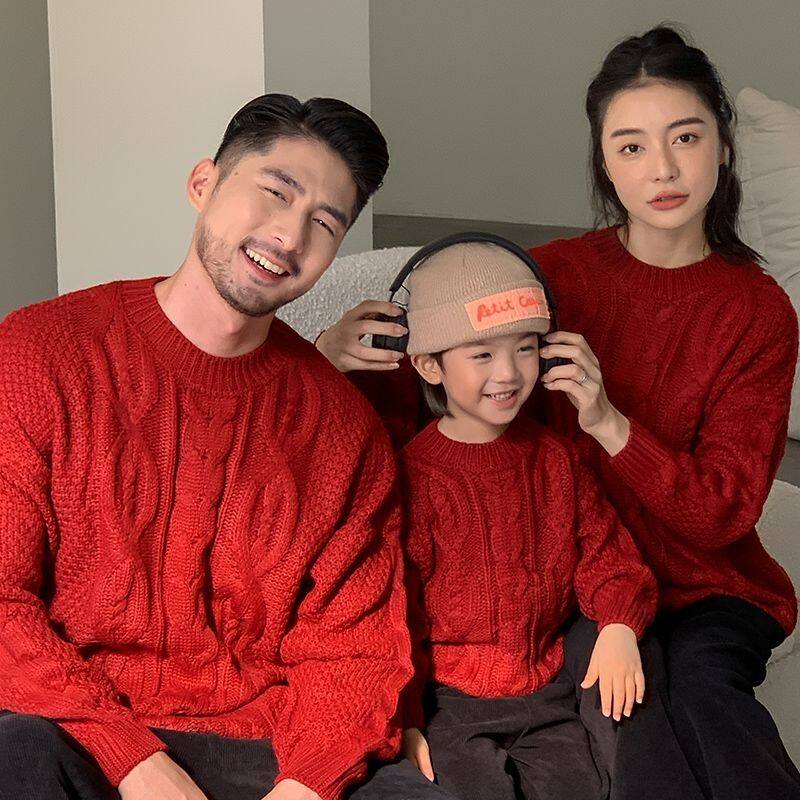 酒红色儿童毛衣喜庆红色毛衣影楼写真摄影过年亲子装拜年服毛衣潮