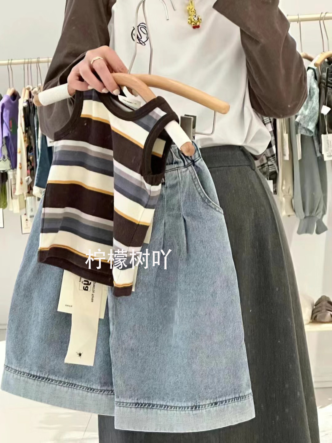女童套装韩版春夏季女童新款洋气休闲时髦条纹背心宽松阔腿牛仔裤