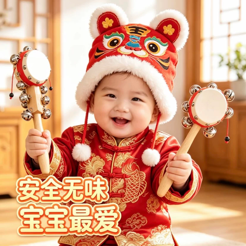 羊皮拨浪鼓铜铃铛哗啦棒老式手工非遗新生婴儿可啃咬木质实木