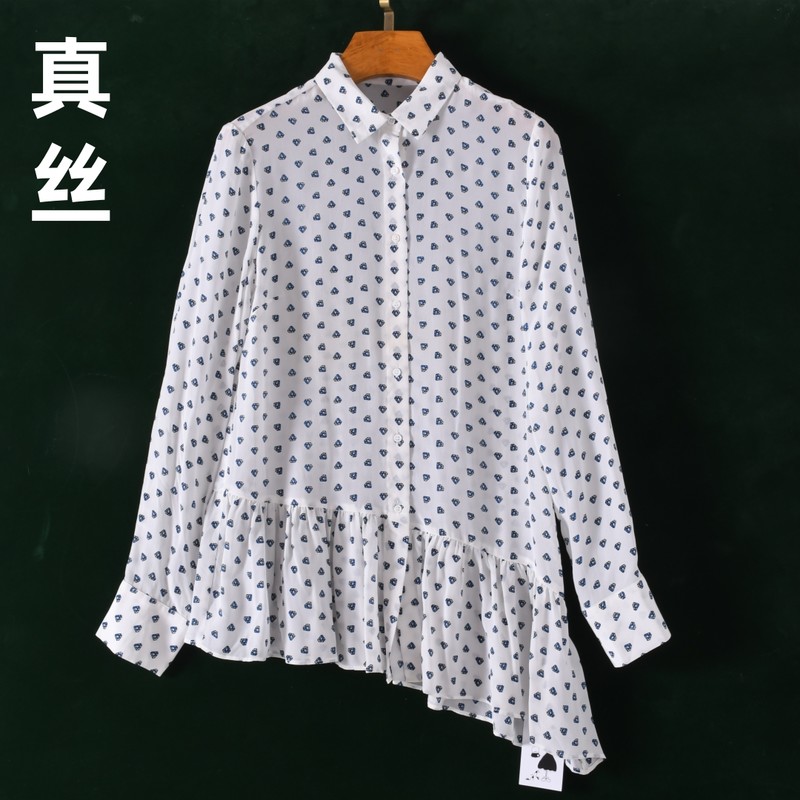 真丝桑蚕丝双绉不规则下摆长袖衬衫上衣