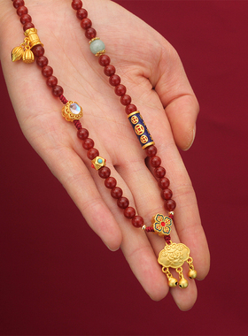 绢芭古法金铜玛瑙毛衣长链女红色