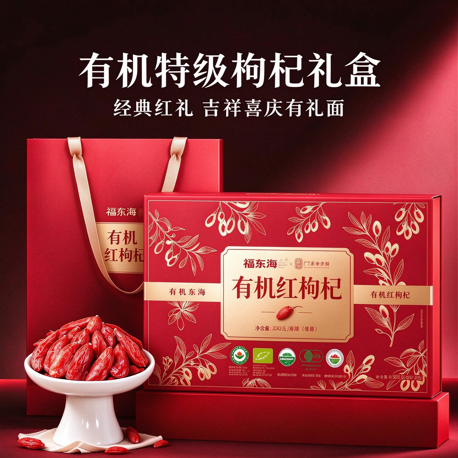 福东海青海有机枸杞自然晾晒不熏硫大颗粒枸杞礼盒装滋补品送长辈