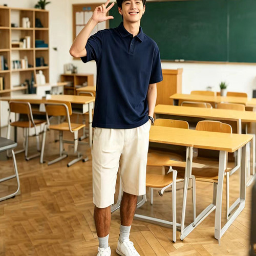 美式复古POLO衫短袖t恤男装夏季潮牌重磅情侣上衣290g藏青色翻领