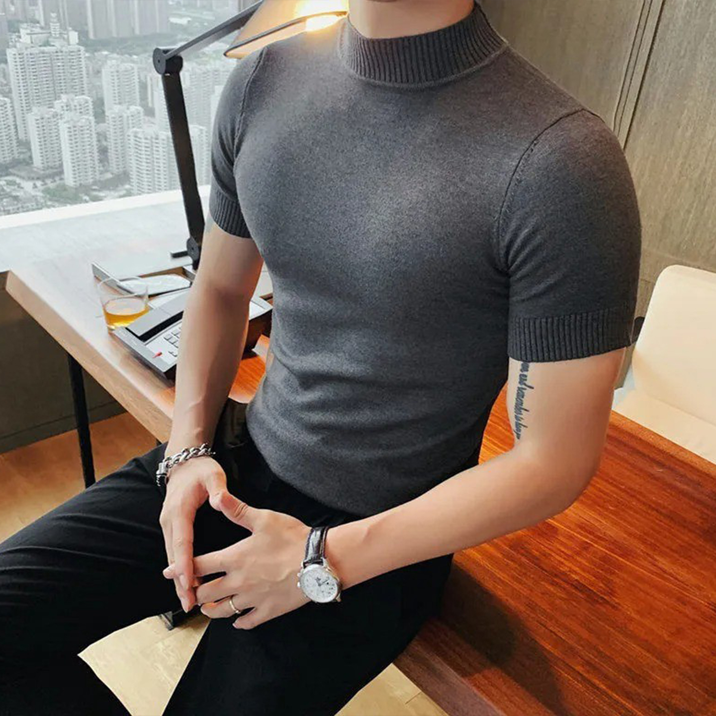 针织毛衣短袖男深灰色半高领2025新款t恤内搭上衣秋冬男士打底衫