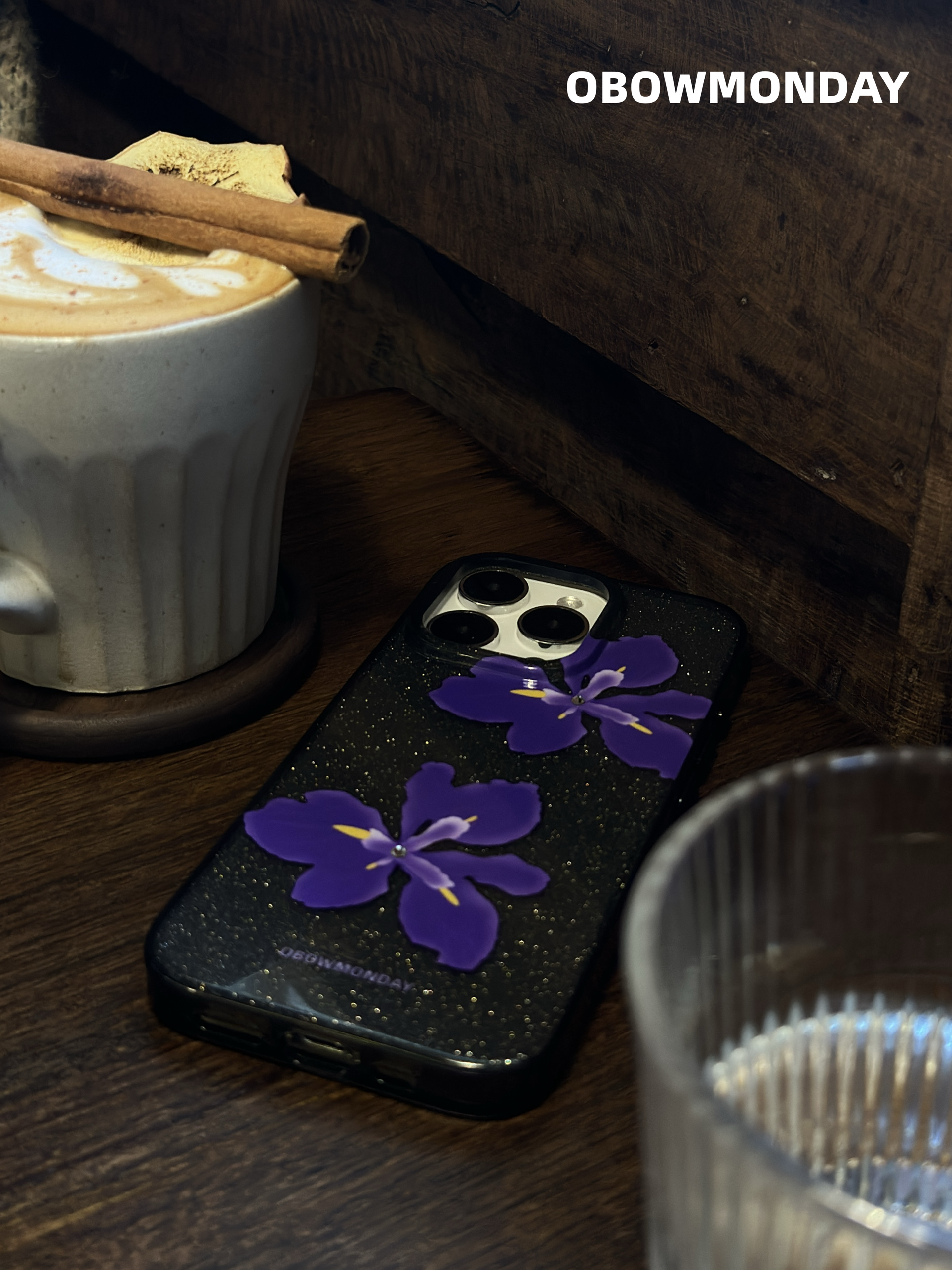 OBOW星河里的紫鸢花闪粉钻石手机壳15promax壳苹果16pro Max硅胶软壳