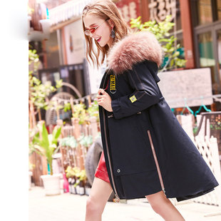 貉子大毛领前短后长派克羽绒服女中长款系带黑色厚2023冬季新款