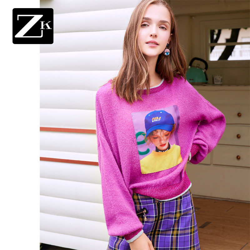 ZX网红可爱毛衣女2018新款秋季宽松甜美印花头像长袖毛针织衫上衣