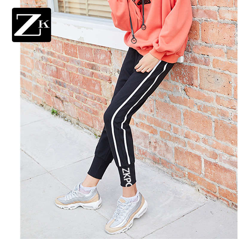 ZX黑色束脚运动裤女高腰九分裤侧条纹休闲裤小脚裤子2018秋冬新款