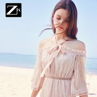 新款 一字肩挂脖雪纺连衣裙女很仙 法国小众裙子小个子2020夏季