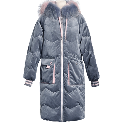 大毛领丝绒羽绒服女中长款过膝加厚茧型宽松保暖外套2025春秋新款