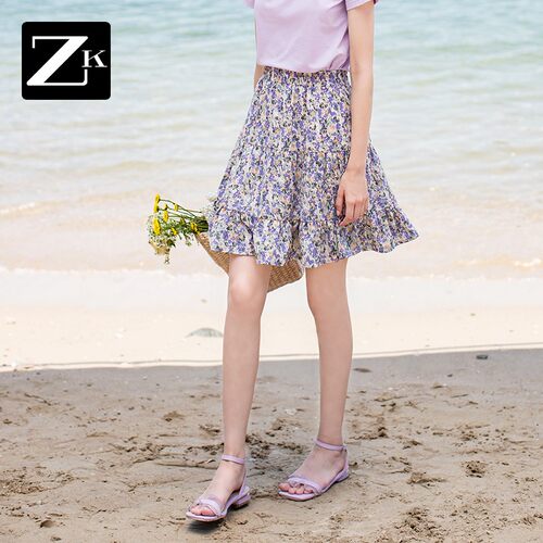 ZK紫色碎花雪纺半身裙女显瘦A字短裙伞裙荷叶边裙子2626夏季新款