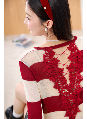 zk lin旗舰店春秋露背毛衣小众设计感红白色条纹薄款针织衫女罩衫