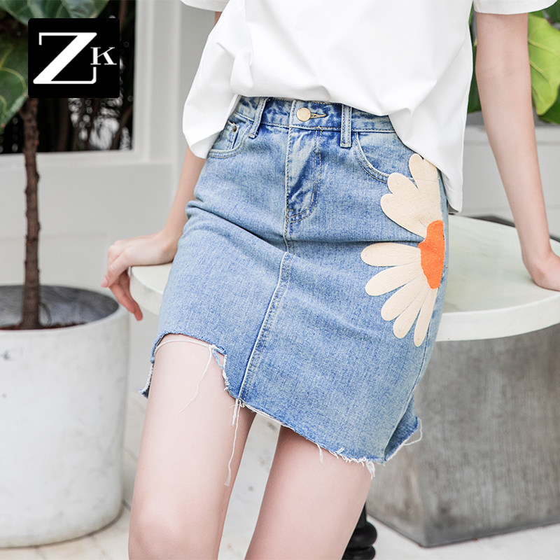 ZK小雏菊牛仔半身裙女百搭不规则短裙A字裙包臀裙子2020夏季新款
