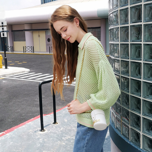 草绿色POLO领镂空透视毛针织衫女2025早秋新品薄宽松毛衣上衣潮
