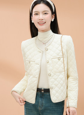 zklin小香风菱形格短款轻薄棉服