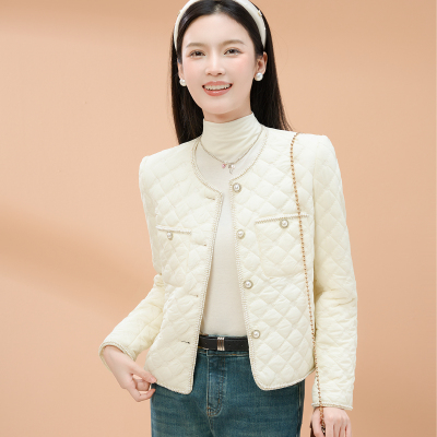 zklin小香风菱形格短款轻薄棉服