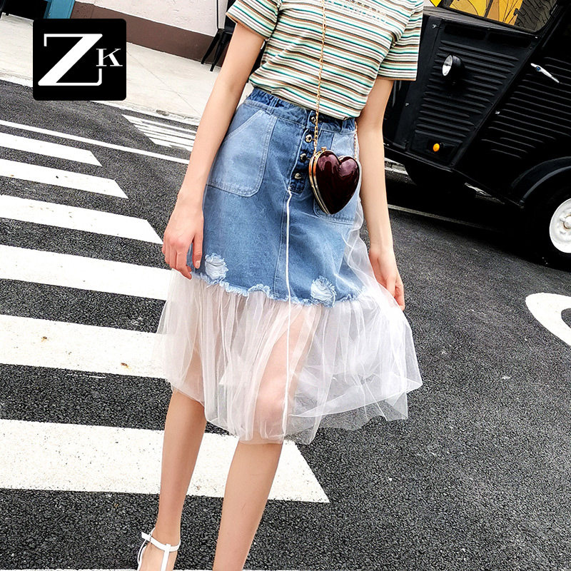 网纱破洞流苏牛仔裙半身裙中长款韩版高腰a字裙2025夏新款女装