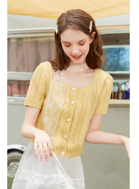 zk lin韩版清新黄色方领短袖针织开衫女夏季新款自带甜美蕾丝颈带