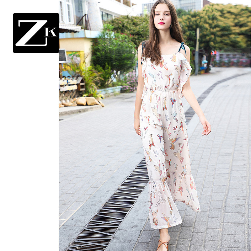 印花吊带连体阔腿裤女夏雪纺高腰显瘦2020春装新款休闲裤宽松