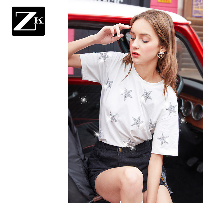 ZK网红白色blingbling烫钻t恤女闪亮短袖ins上衣2020早秋夏季新款