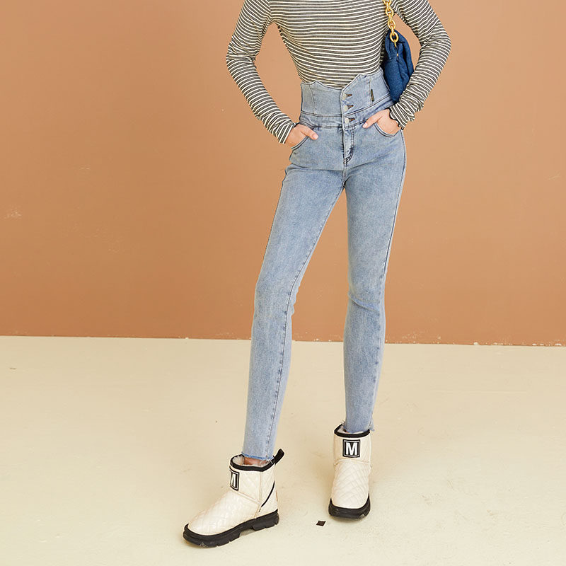超高腰磨毛小脚牛仔裤女2022秋冬新款显瘦紧身九分铅笔裤子小个子