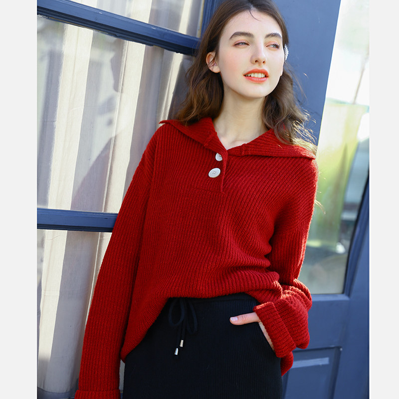 ZK海军领毛衣女2020新款宽松外穿车厘子红色针织衫圣诞慵懒ins风