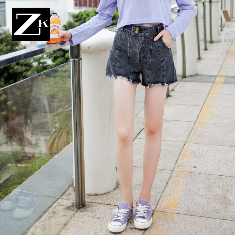 ZK黑灰色牛仔短裤女高腰宽松显瘦显高毛边阔腿裤热裤2025夏季新款