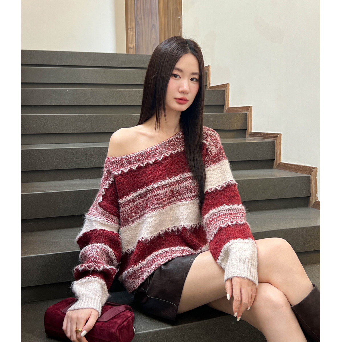 zklin高级感红色条纹毛衣女