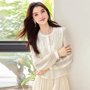 新款 女长袖 设计感圆领蕾丝衬衫 气质荷叶边温柔优雅上衣 lin法式