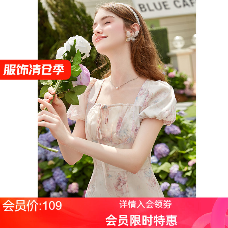 甜美风碎花雪纺连衣裙女2025夏季新款法式茶歇仙气泡泡袖收腰长裙