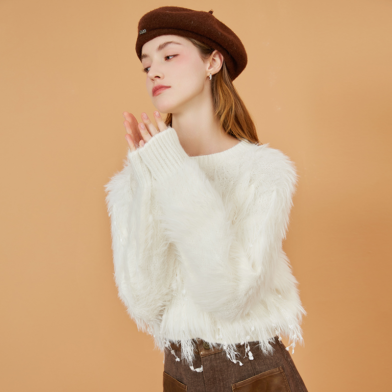 zklin仿貂毛软糯流苏小香风毛衣