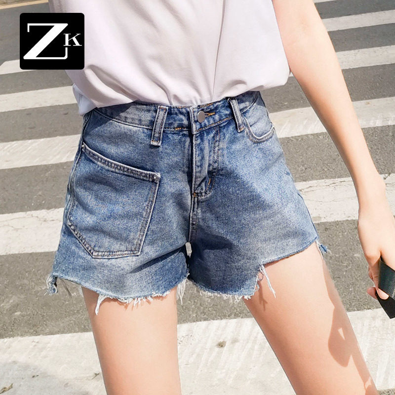 ZK高腰直筒设计感牛仔短裤女2020夏季新款不规则a字宽松阔腿裤子