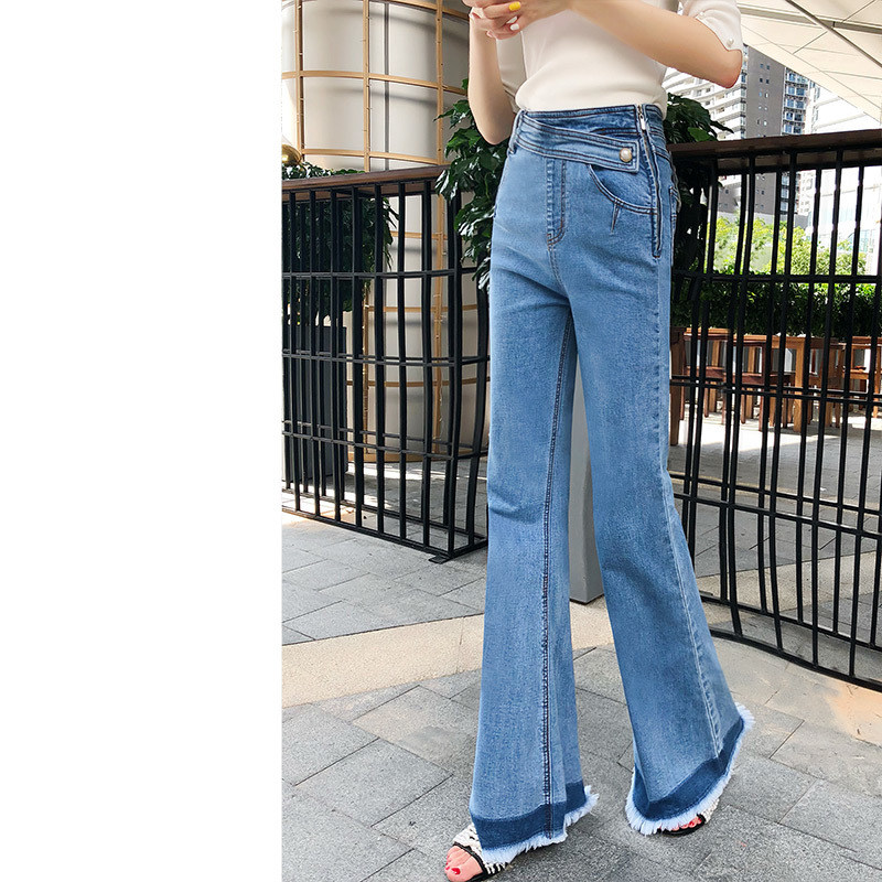 浅蓝色毛边微喇阔腿牛仔裤女宽松裤脚显瘦2026春季新款显腿长潮