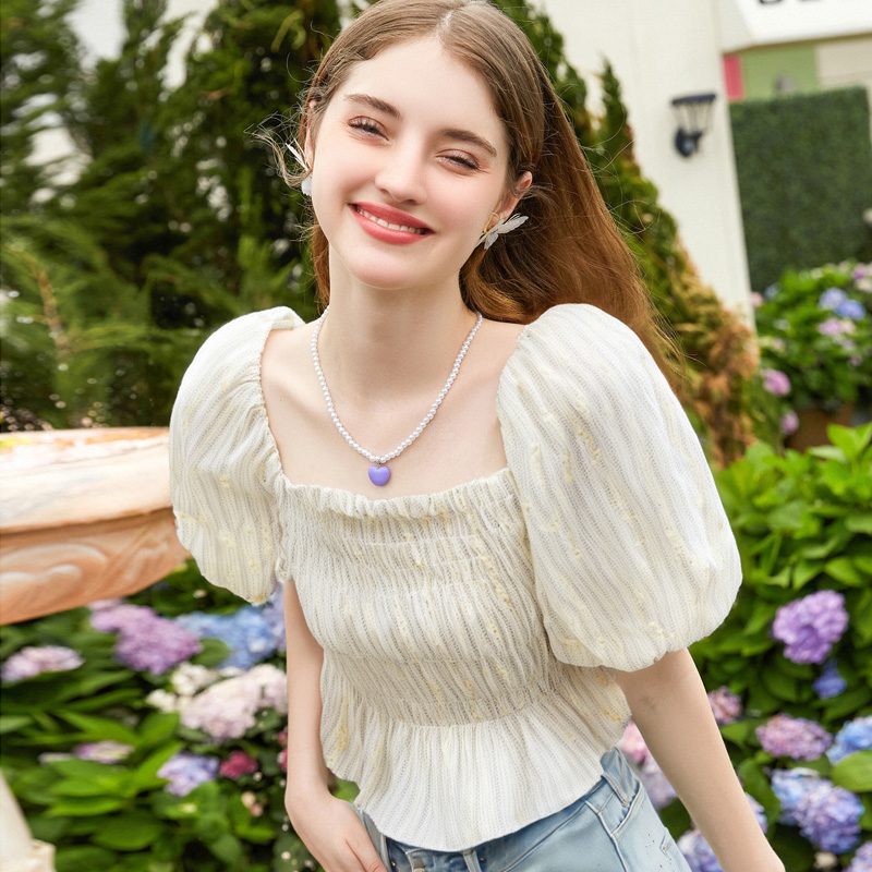 方領短袖重工立體花卉刺繡泡泡袖