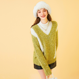 v领撞色毛衣女宽松慵懒风软糯厚实套头针织衫小个子2024春秋新款