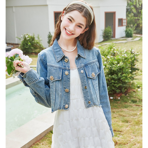 zklin定制金属纽扣短款牛仔外套