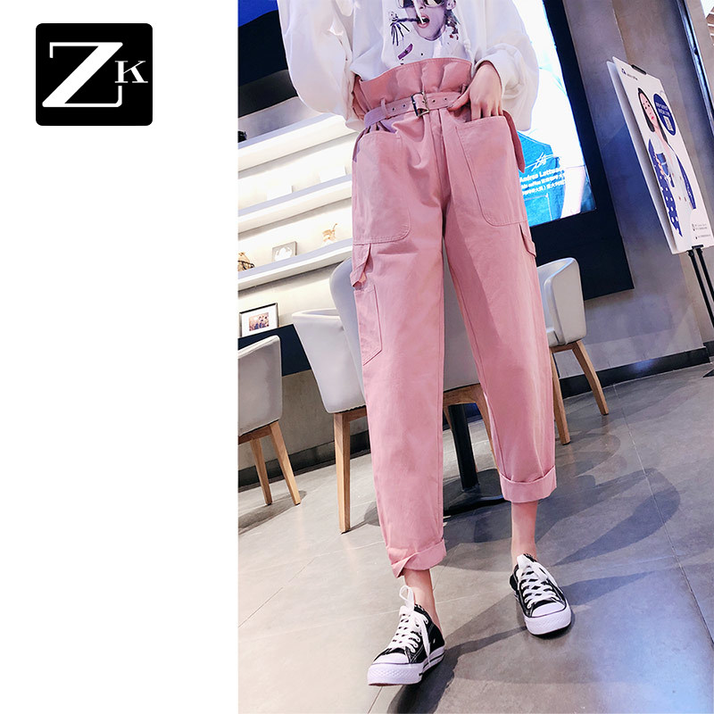 ZK粉色哈伦萝卜裤女韩版显瘦宽松网红高腰九分工装裤2020春秋新款