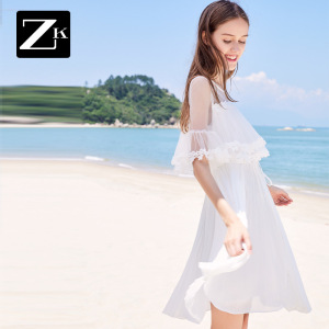 2025夏装一字肩露背雪纺连衣裙女荷叶边长款过膝沙滩裙海边度假