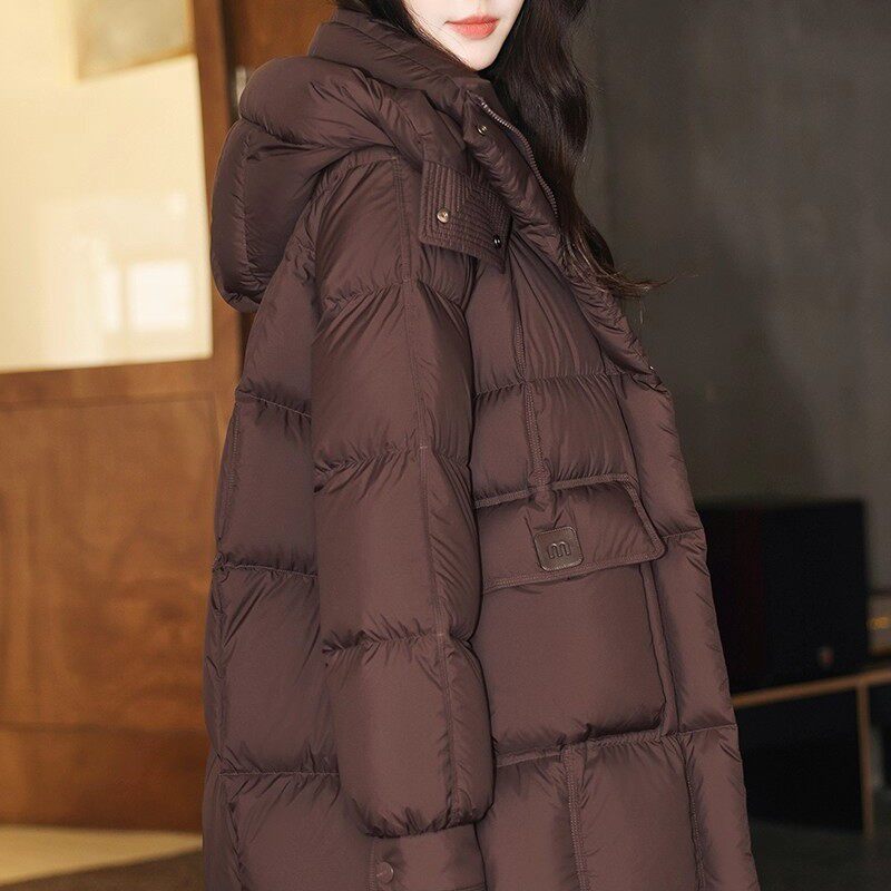 90白鸭绒立领连帽中长款羽绒服女款2026春秋新款超好看的保暖外套