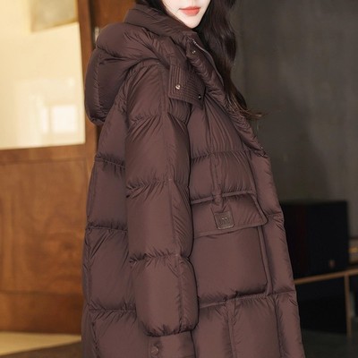 90白鸭绒立领连帽中长款羽绒服