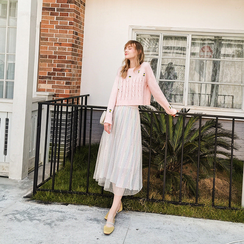 粉色少女毛衣薄款宽松外穿2025春秋款慵懒风刺绣小个子针织衫上衣