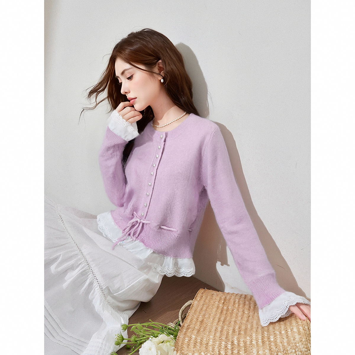 zklin韩系温柔珍珠扣针织开衫