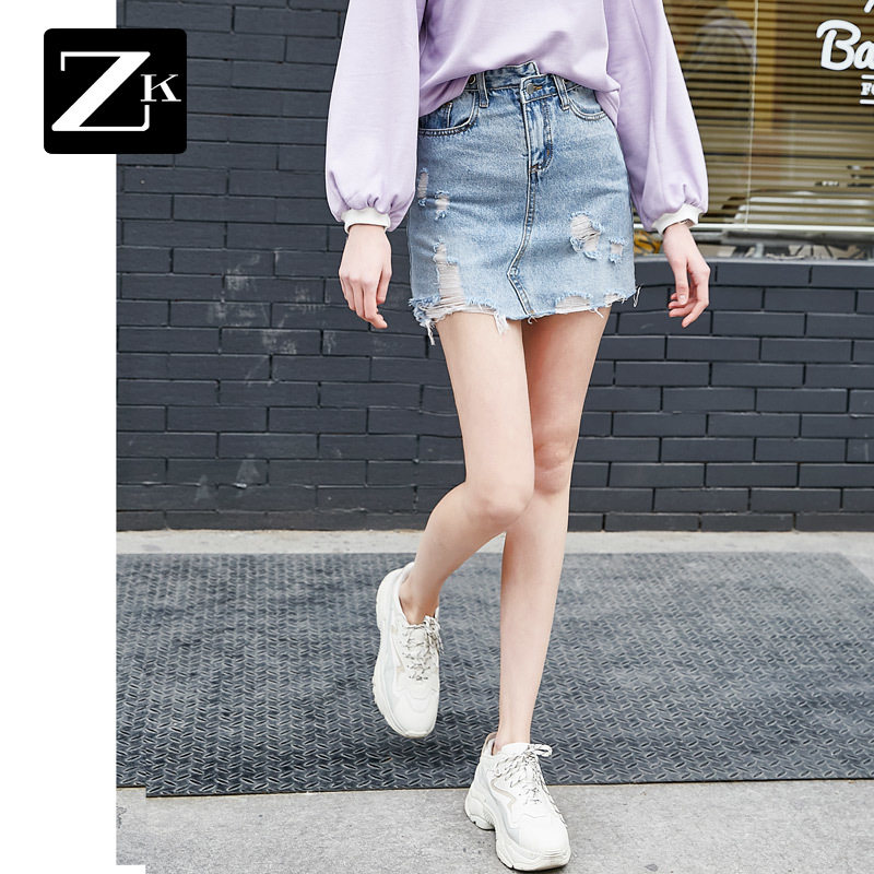 拼接破洞牛仔半身裙修身高腰显瘦A字短裙包臀裙2020春新款女装