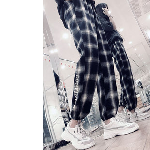 新款 格子哈伦休闲裤 子2025春秋季 宽松灯笼束脚超火运动裤 女韩版